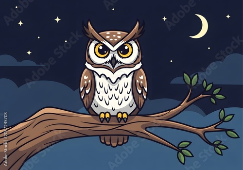 Cute owl sitting on a tree branch at night under the moon in cartoon style illustration with nature and wildlife theme