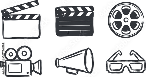 Foto Hand drawn cinema icon set featuring movie clapperboard film reel camera megapho