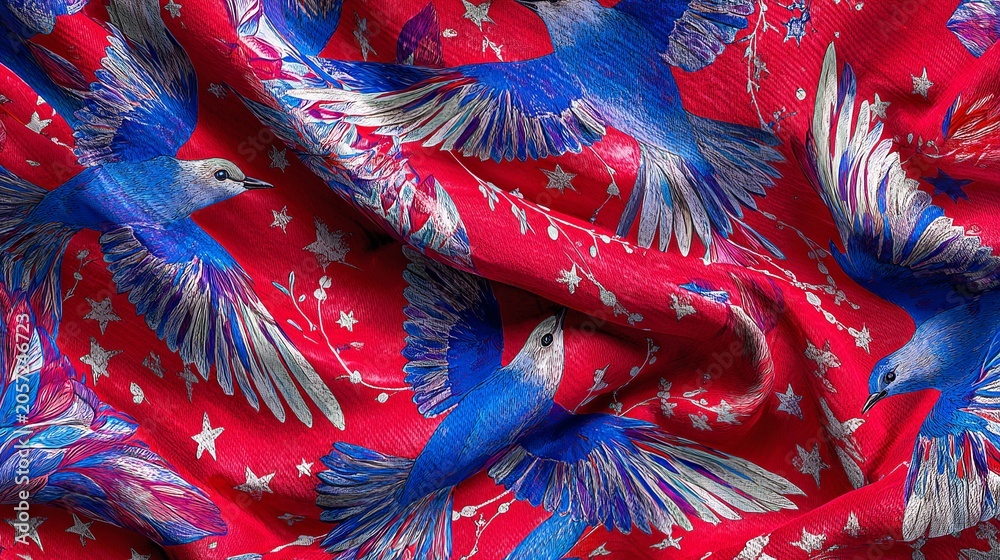 Obraz premium A vibrant red fabric with a pattern of blue birds and silver stars