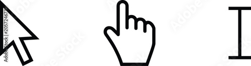 Classic black line computer mouse cursor icons set featuring standard arrow pointer hand click and text I beam selection symbols, vector illustration.