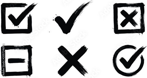 Grunge black ink brush stroke check mark and cross symbol set with check boxes and circles, vector illustration.