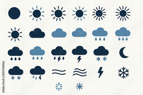 Sun and Weather Vector Icon Set, Minimalist Flat Forecast Symbols Grid