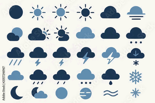 Sun and Weather Vector Icon Set, Minimalist Flat Forecast Symbols Grid