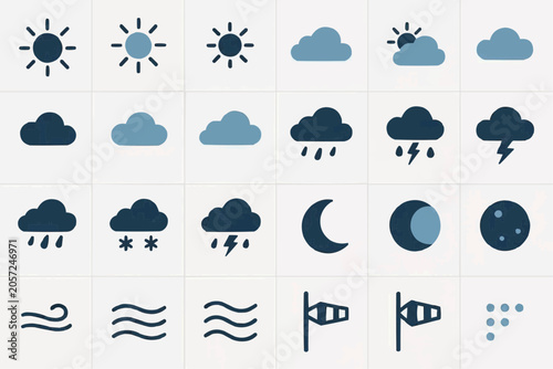 Sun and Weather Vector Icon Set, Minimalist Flat Forecast Symbols Grid