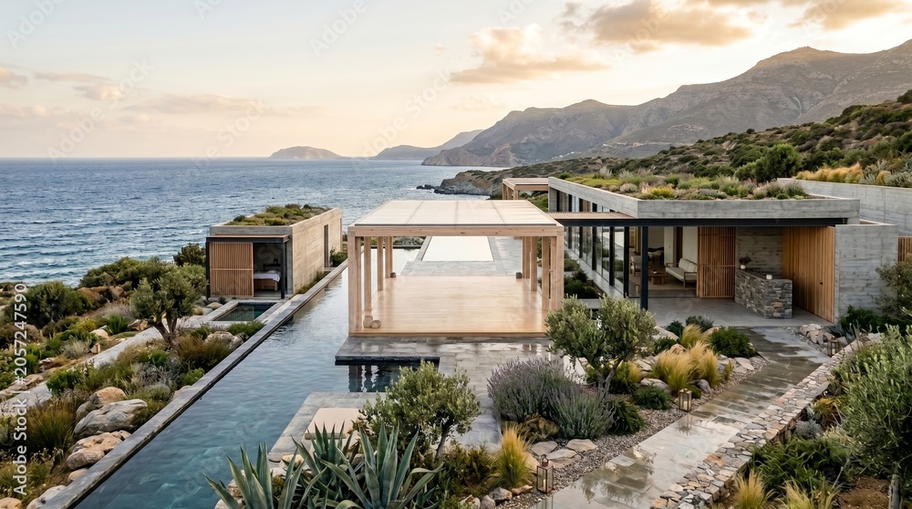Fototapeta premium Modern luxury architectural villa design with green roof terrace overlooking turquoise mediterranean sea and mountain coastline during serene golden hour sunset at coastal retreat in greece landscape.