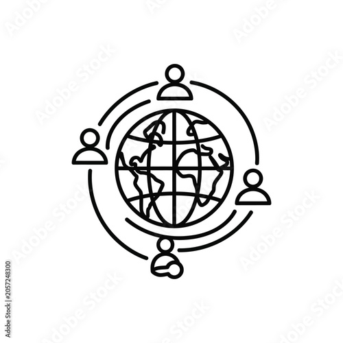 Global network icon, people connected around the globe, international communication and social media concept, vector illustration
