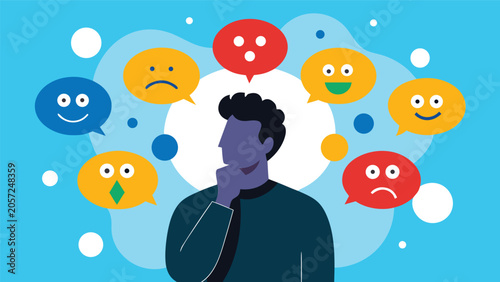 Canvastavla Man contemplating diverse emotions represented by speech bubbles during a though