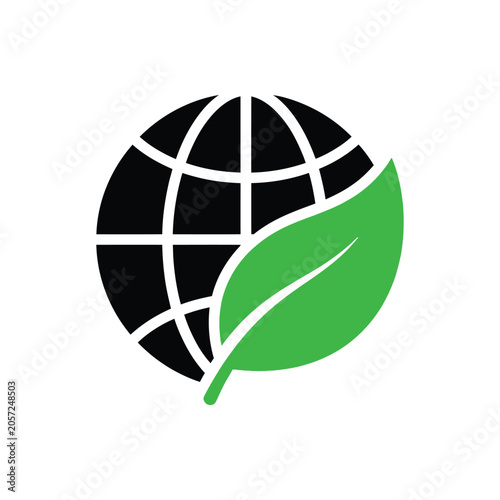 Black globe icon with a bright green leaf symbol
