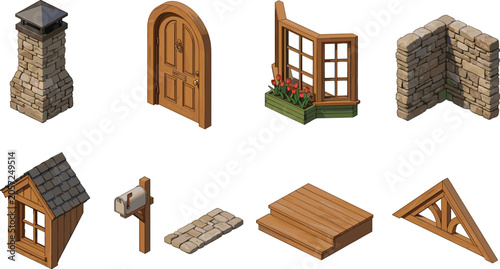 Tableau sur toile Isometric medieval cottage construction kit featuring stone chimney, wooden door, window, brick wall, mailbox, steps, and roof assets, vector illustration