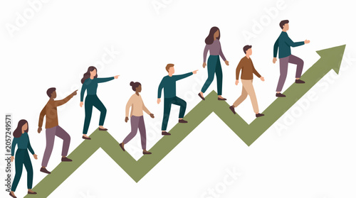 Fotografi Diverse team of people walking up a growing arrow, symbolizing business growth a