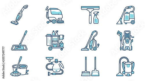 Cleaning Equipment Icons Set: Vacuum, Mop, Broom, Sprayer, Steam Cleaner