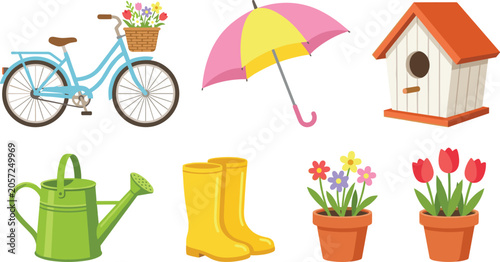 Cute Spring Garden Vector Icon Set with Vintage Bicycle, Colorful Umbrella, Wooden Birdhouse, Watering Can, Rubber Boots, and Potted Tulip Flowers