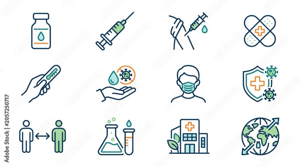 Fototapeta premium Medical Icons Set: Vaccination, Virus Protection, Healthcare, and Social Distancing