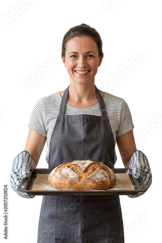 Smiling woman in apron holding a fresh loaf of bread on a baking sheet isolated on transparent background