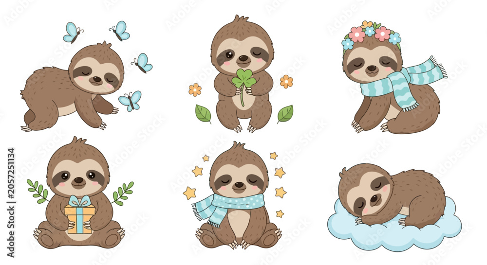 Fototapeta premium Cute Cartoon Sloth Character Set with Various Poses and Accessories