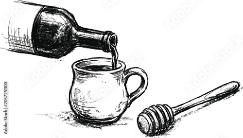 Bild auf Leinwand Vintage hand-drawn sketch illustration of liquid being poured from bottle into c