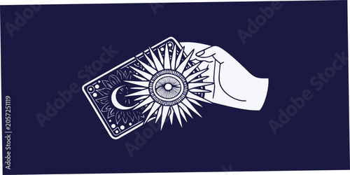 Obraz na płótnie Hand Holding Tarot Cards White Line Art Illustration On Dark Blue
