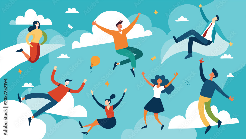 Obraz premium Diverse people jumping joyfully in clouds during a bright sunny day representing freedom and success with a vibrant artistic style