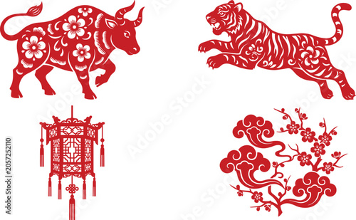 Traditional red Chinese New Year paper cut vector set with zodiac ox tiger lantern and auspicious clouds isolated on white