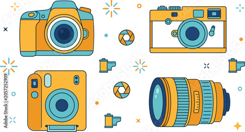 Foto Modern flat line camera photography icon set featuring dslr polaroid vintage fil
