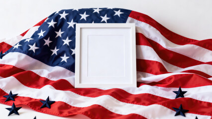 American flag background with empty white frame for patriotic or memorial day concepts