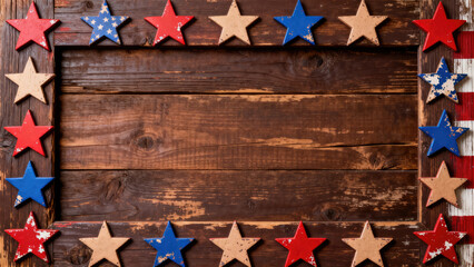 patriotic star decoration on rustic wooden background for 4th of july or memorial day