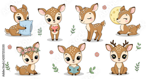 Cute baby deer set with various activities, whimsical forest animals