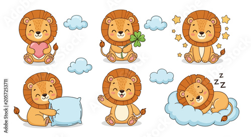 Cute cartoon lion set with heart, clover, and sleeping on clouds