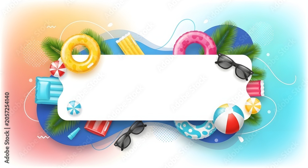 Fototapeta premium Summer vacation and beach holiday background. Tropical getaway and relaxing seaside fun. Inflatable rings and pool toys surrounding a blank white frame