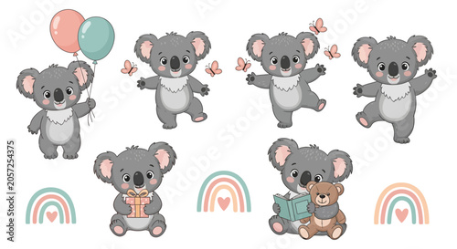 Cute Koala Character Set with Balloons and Rainbows, Nursery Art Collection