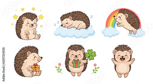 Cute cartoon hedgehog set with gifts and rainbow, whimsical vector