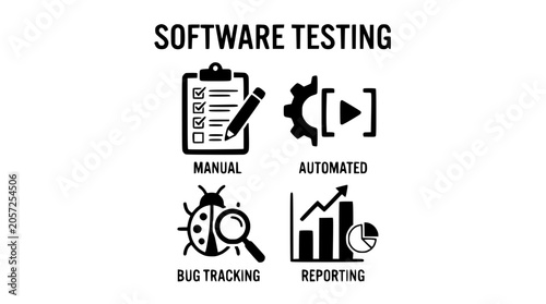 Software testing icons display manual automated bug tracking and reporting