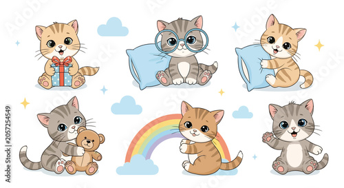 Cute cartoon kittens set with toys and rainbow, playful vector art