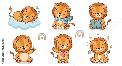 Cute Cartoon Lion Set with Various Activities and Expressions