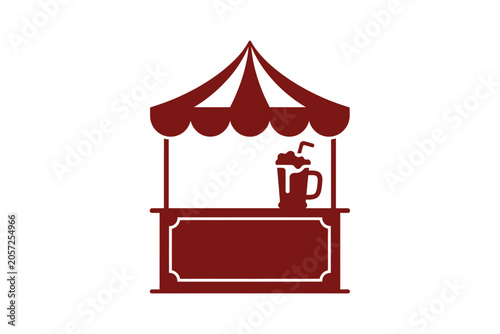 Minimalist Dark Red Vector Icon Illustrating A Classic Outdoor Carnival Kiosk Stall Featuring A Refreshing Beverage Glass With A Straw Set Against A Solid White Background For Commercial Use Graphic