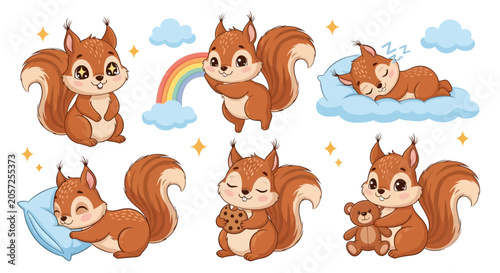 Cute Squirrel Collection with Toys and Pillows, Playful Cartoon Art