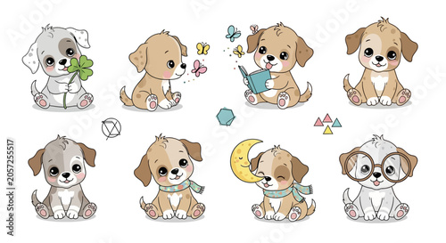 Cute cartoon puppy sticker set with various activities and emotions