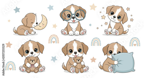 Cute cartoon puppy collection in various poses with teddy bear, nursery vector art