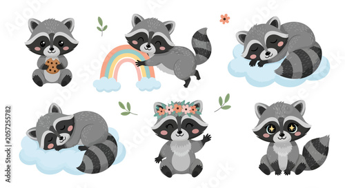 Cute Raccoon Characters Set with Rainbow and Clouds, Playful Vector
