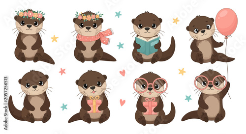 Cute Kawaii Otter Character Collection in various poses with gifts and flowers, Playful Illustrations