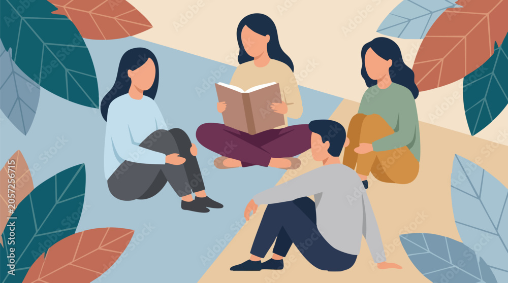 Fototapeta premium Diverse group of young people reading and relaxing together outdoors