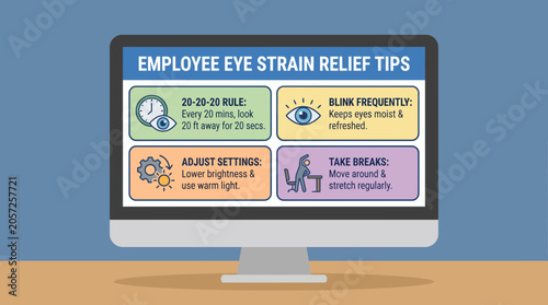 Quadro su tela Employee Eye Strain Relief Tips Infographic on Monitor
