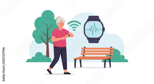 Vector illustration of an elderly woman in a pink shirt walking in a park, checking a smartwatch on her wrist next to a large icon showing a heart rate monitor and wifi signal.