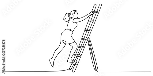 Continuous line drawing of a business woman climbing up a wooden ladder to reach her goals and achieve professional success in a minimalist style Vector, illustration