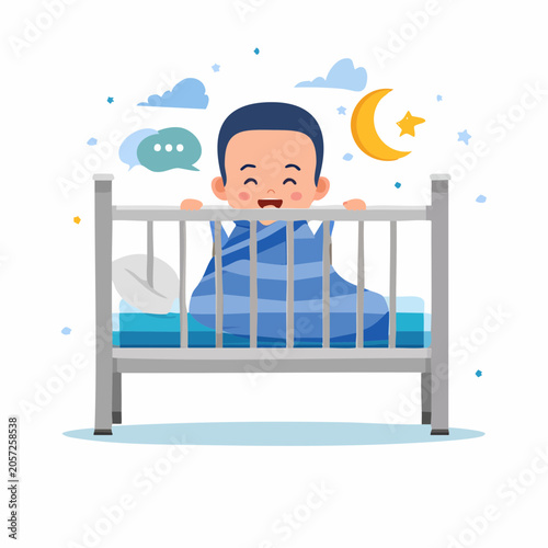 Happy Baby in Crib at Night with Moon and Stars