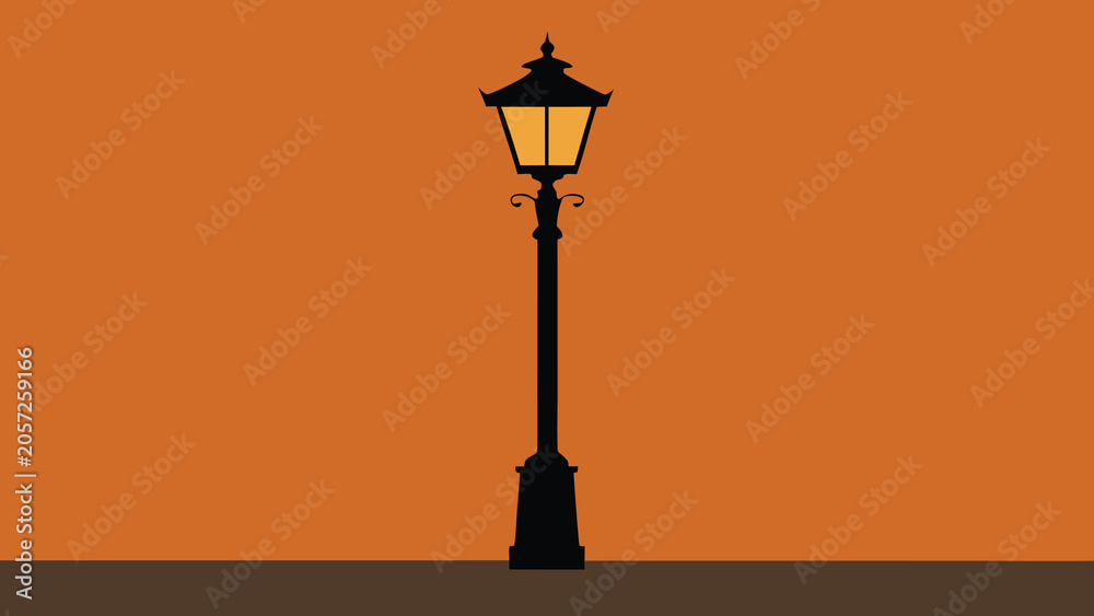Obraz premium Ornate vintage street lamp glowing warmly against a textured terracotta wall during twilight