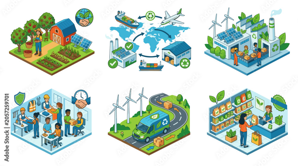 Fototapeta premium Ethical Supply Chain and Sustainable Business Isometric Vector Icon Set