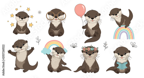 Adorable Otter Character Collection with Rainbow and Accessories, Cute Vector Illustration