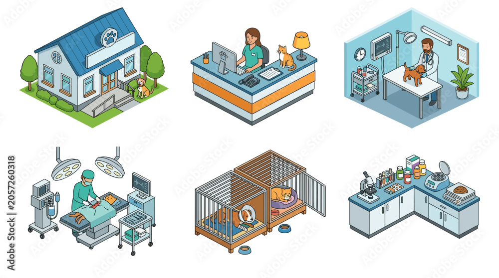 Fototapeta premium Veterinary Clinic and Pet Healthcare Isometric Vector Icon Set