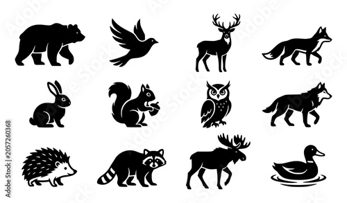 Canvas Print Woodland Animal Silhouettes Set with Bear Fox Deer Owl Rabbit and Forest Wildlif